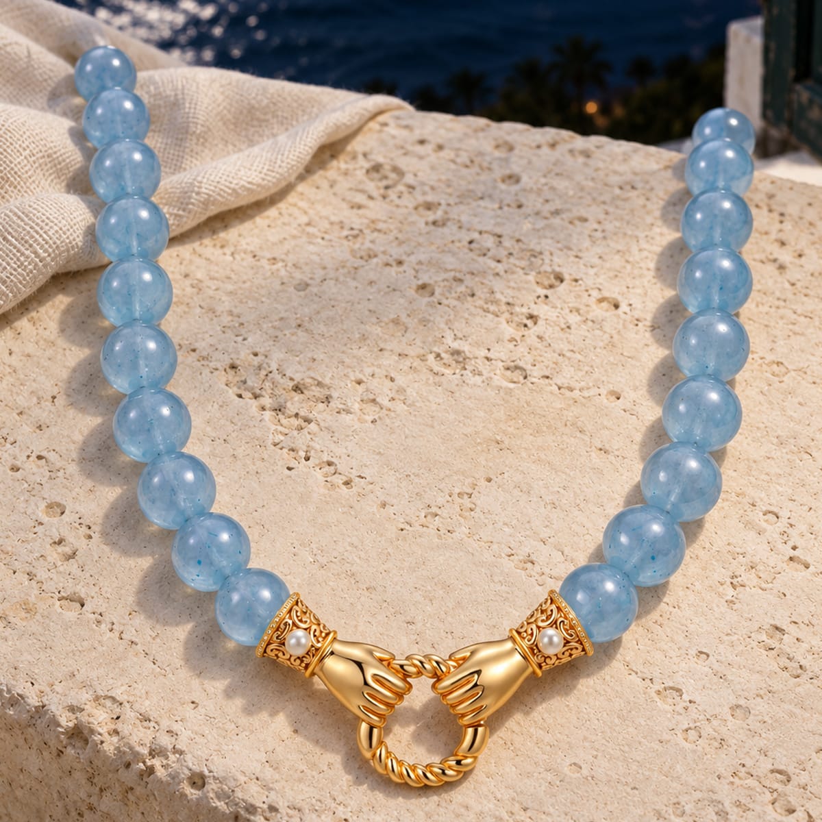 Claddagh Unity Hand Clasp Interchangeable Dangle Charm Holder Aquamarine Chalcedony Beaded Necklace in Tarnish-Resistant Silver