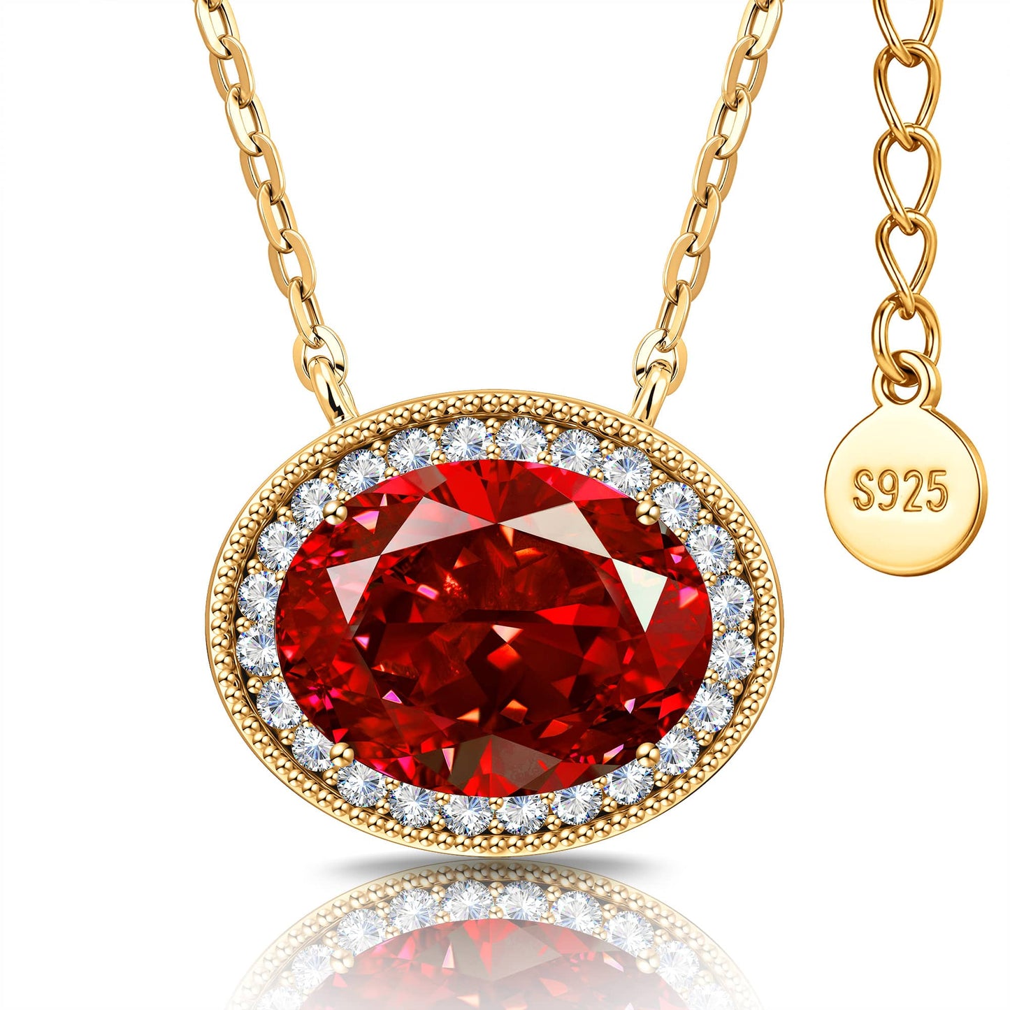 Sterling Silver 3.0 CT Lab-Created Ruby Oval Pendant Necklace With 14K Gold Plating (Includes GRC Certification From Gemstone Research Center)