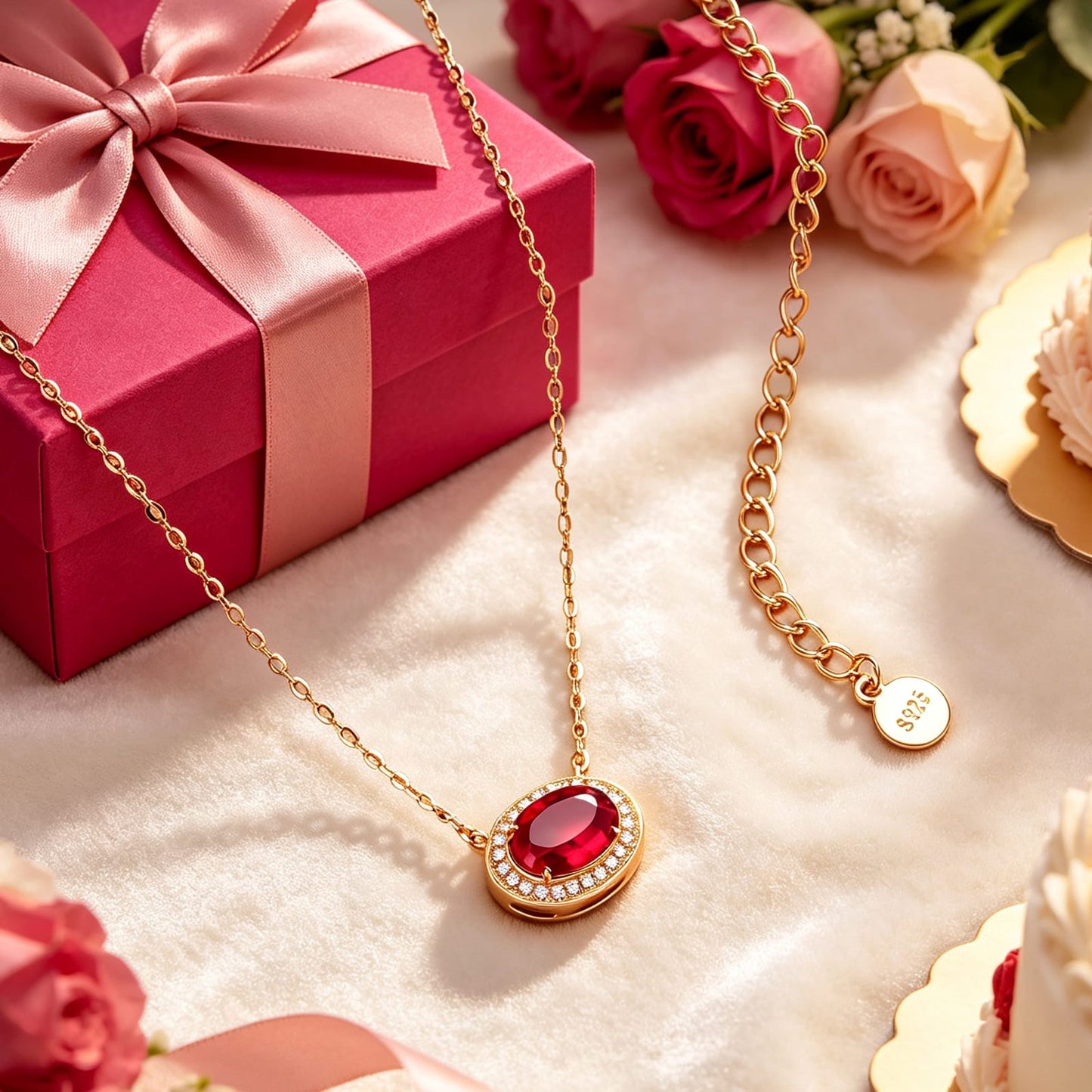 Sterling Silver 3.0 CT Lab-Created Ruby Oval Pendant Necklace With 14K Gold Plating (Includes GRC Certification From Gemstone Research Center)