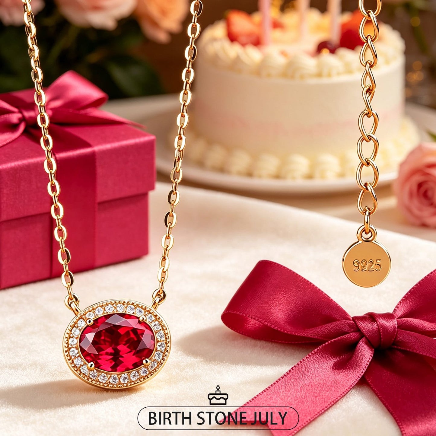Sterling Silver 3.0 CT Lab-Created Ruby Oval Pendant Necklace With 14K Gold Plating (Includes GRC Certification From Gemstone Research Center)