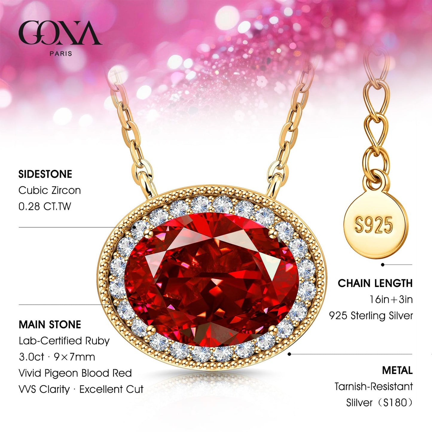 Sterling Silver 3.0 CT Lab-Created Ruby Oval Pendant Necklace With 14K Gold Plating (Includes GRC Certification From Gemstone Research Center)