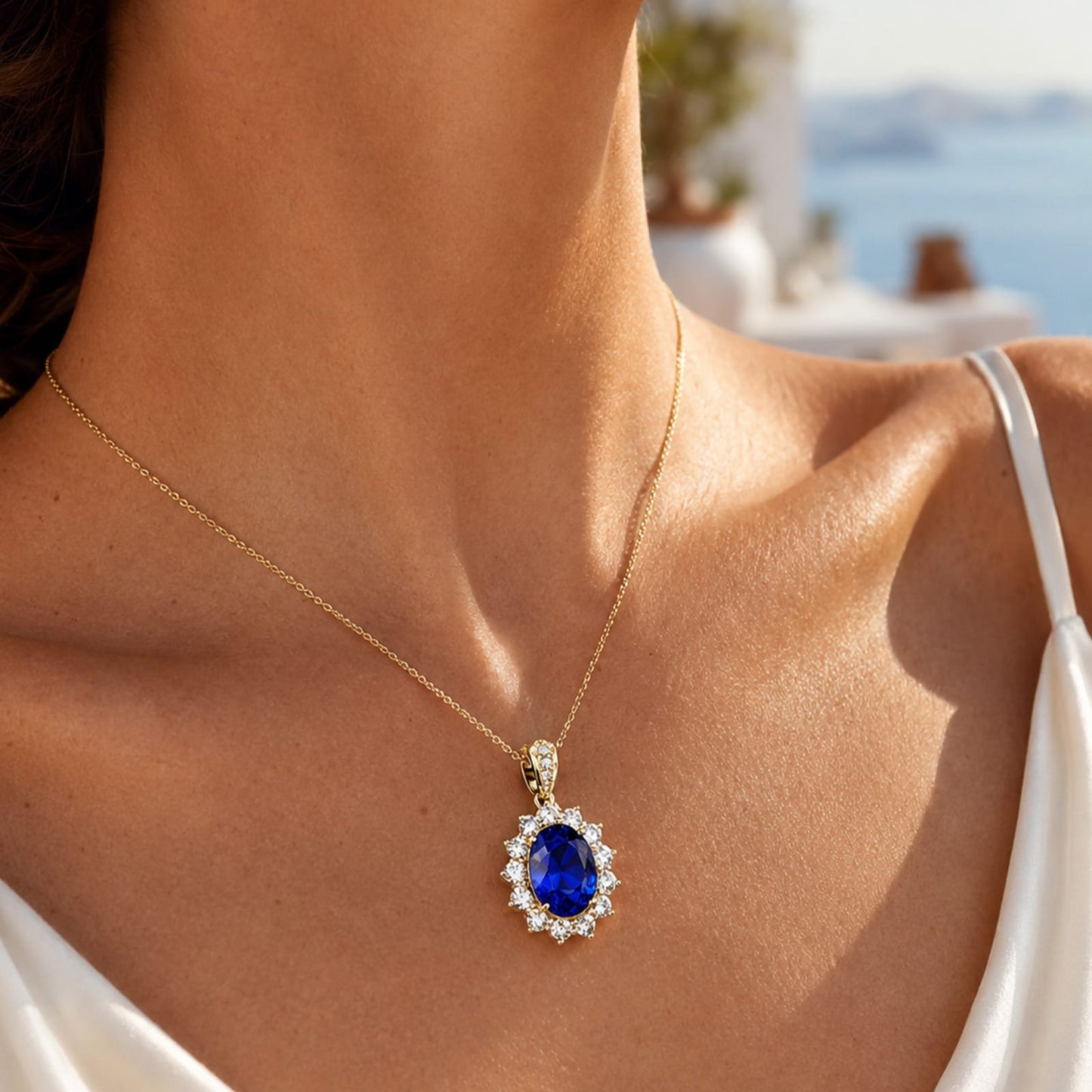 Sterling Silver Sapphire Charm Necklace In 14K Gold Plated