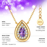 Sterling Silver Teardrop Necklace with Purple Sapphire In 14K Gold Plated (Includes GRC Certification from Gemstone Research Center)