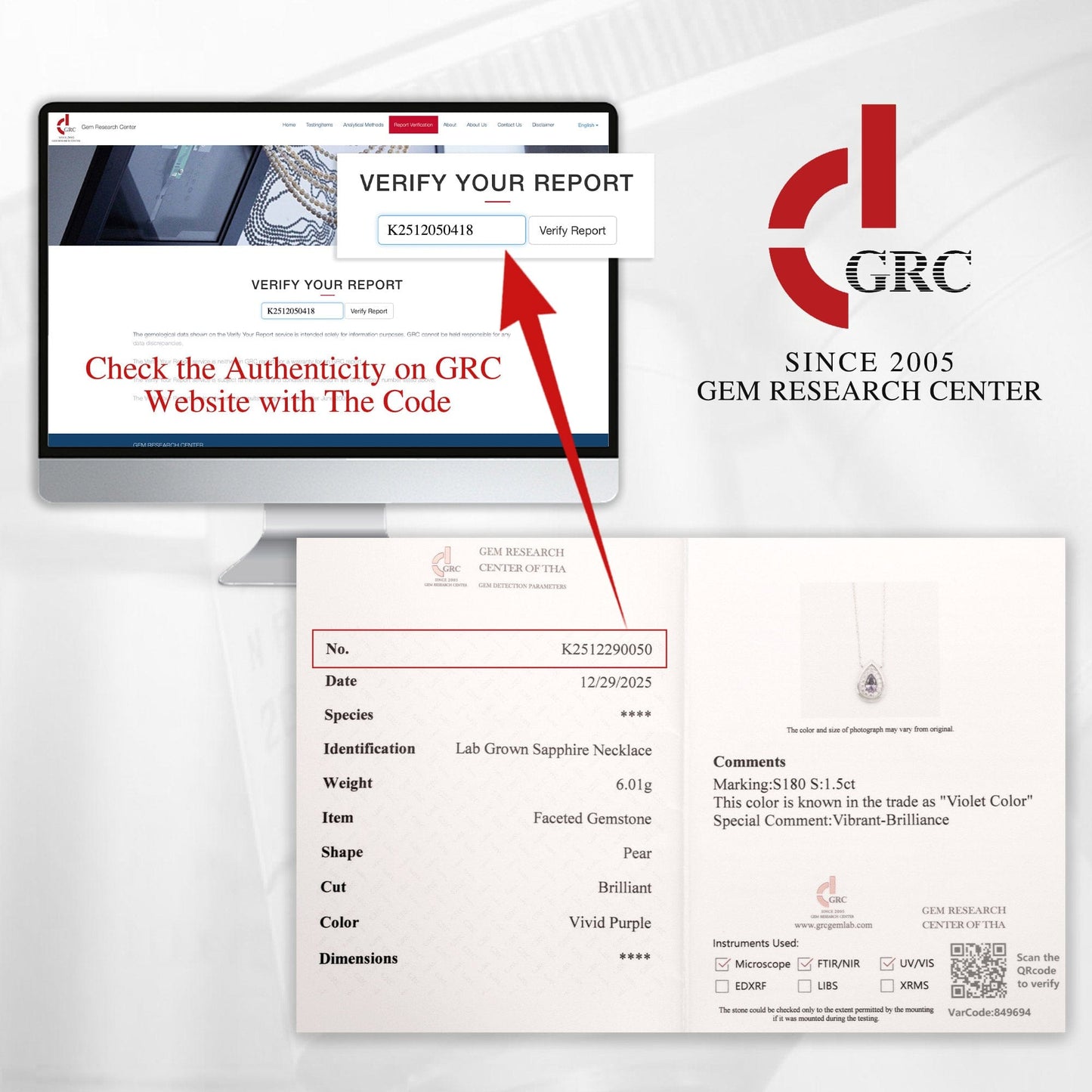 Sterling Silver Teardrop Necklace with Purple Sapphire In 14K Gold Plated (Includes GRC Certification from Gemstone Research Center)