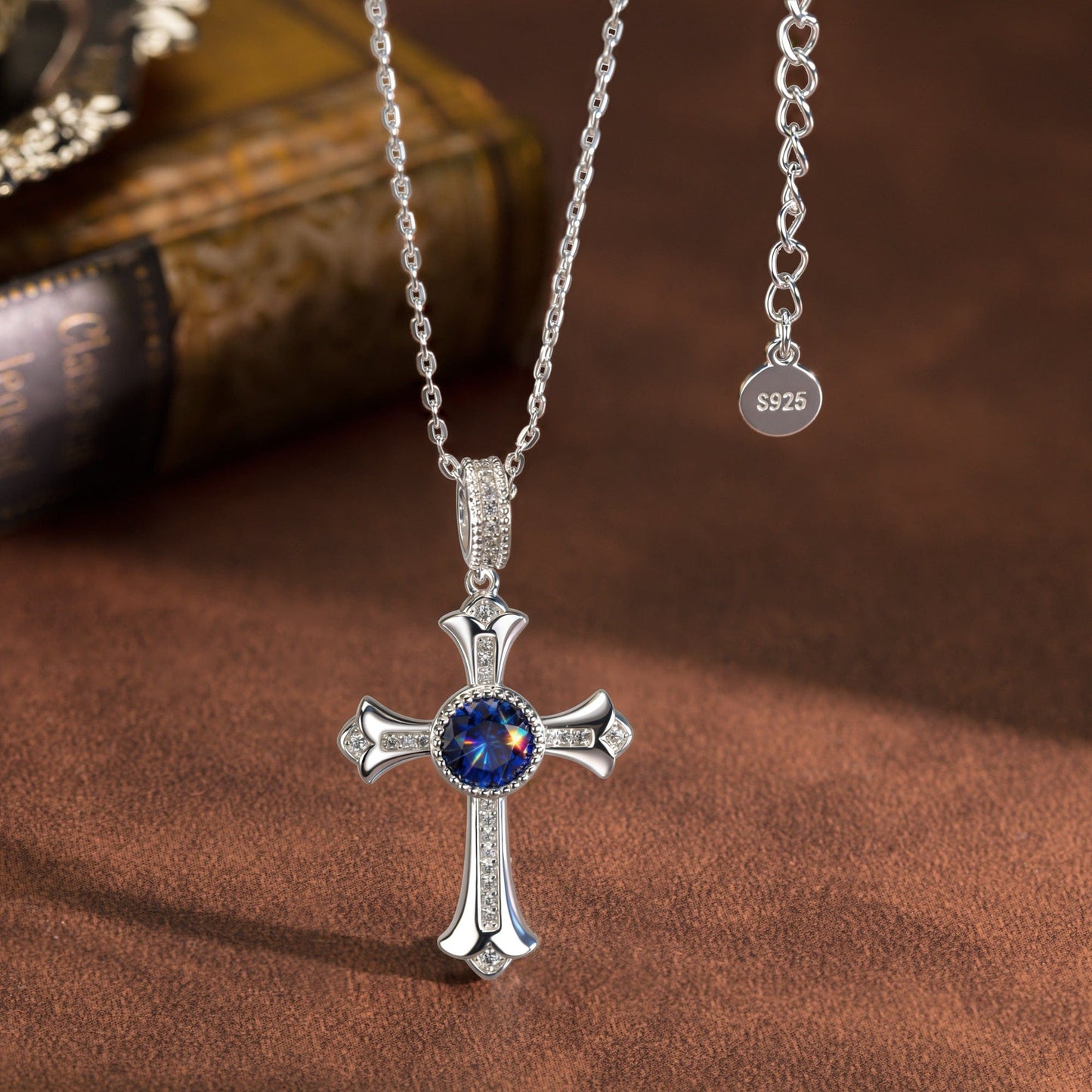 Sterling Silver Cross Necklace with Sapphire In White Gold Plated (Includes GRC Certification from Gemstone Research Center)