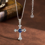 Sterling Silver Cross Necklace with Sapphire In White Gold Plated (Includes GRC Certification from Gemstone Research Center)