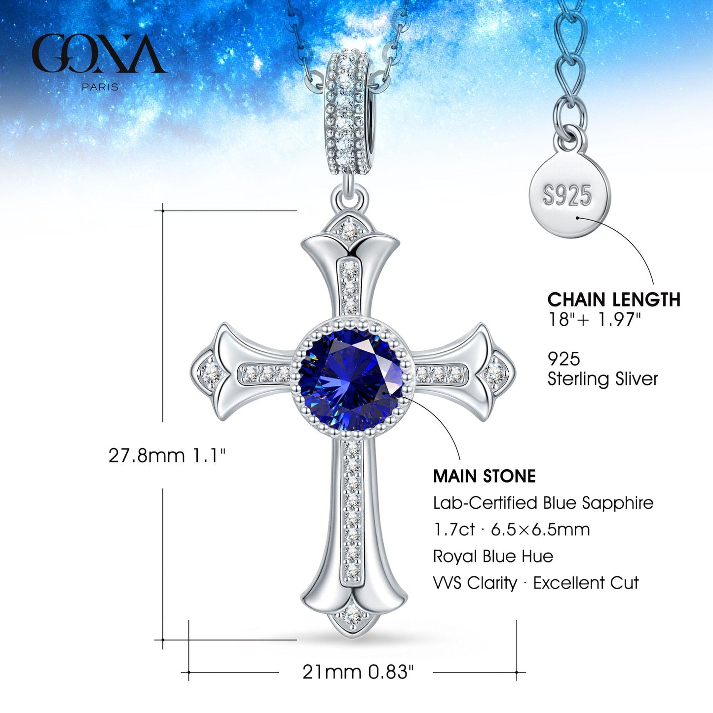 Sterling Silver Cross Necklace with Sapphire In White Gold Plated (Includes GRC Certification from Gemstone Research Center)