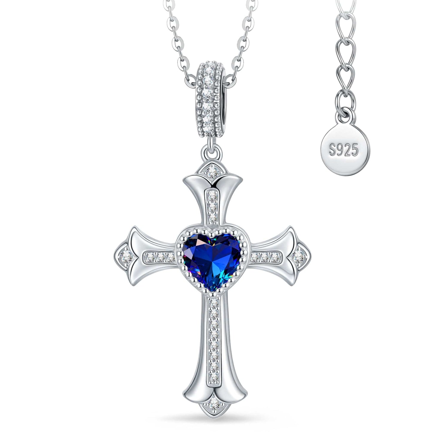 Sterling Silver Cross Necklace with Heart Shaped Sapphire In White Gold Plated (Includes GRC Certification from Gemstone Research Center)