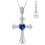 Sterling Silver Cross Necklace with Heart Shaped Sapphire In White Gold Plated (Includes GRC Certification from Gemstone Research Center)