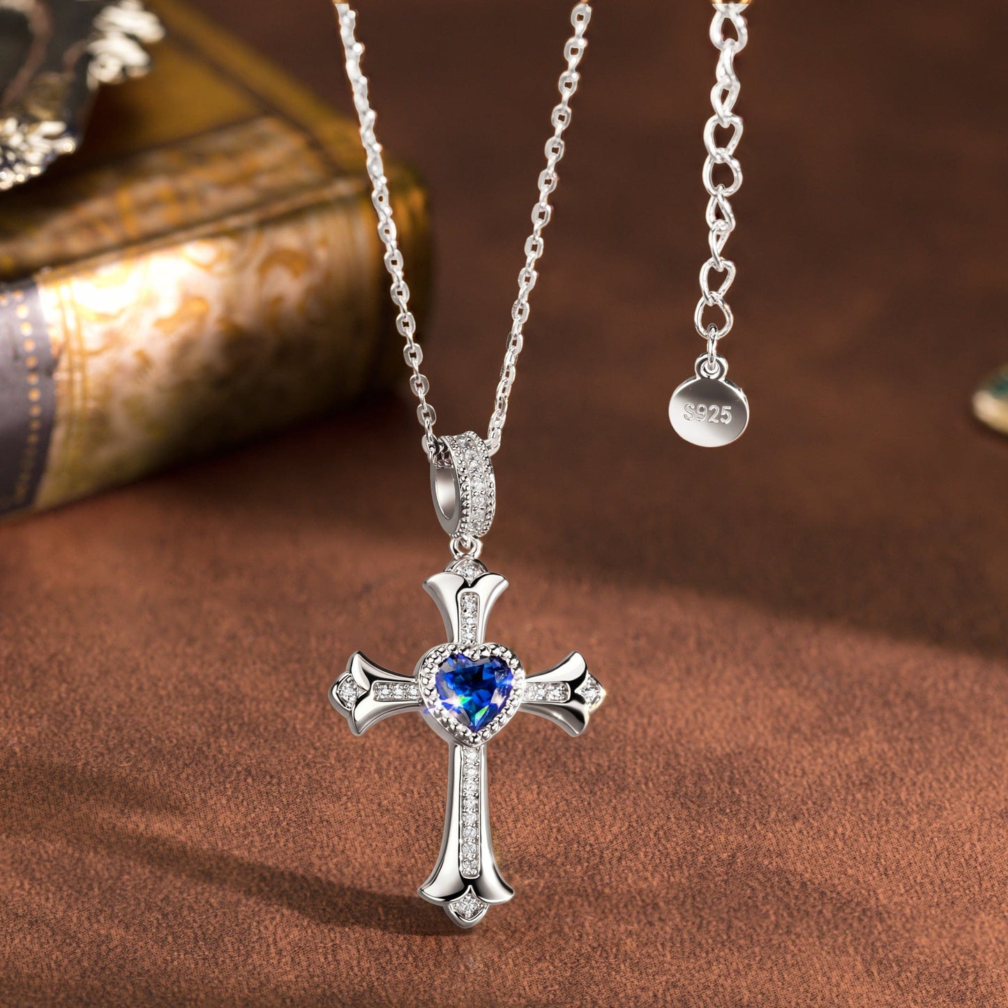 Sterling Silver Cross Necklace with Heart Shaped Sapphire In White Gold Plated (Includes GRC Certification from Gemstone Research Center)