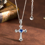 Sterling Silver Cross Necklace with Heart Shaped Sapphire In White Gold Plated (Includes GRC Certification from Gemstone Research Center)