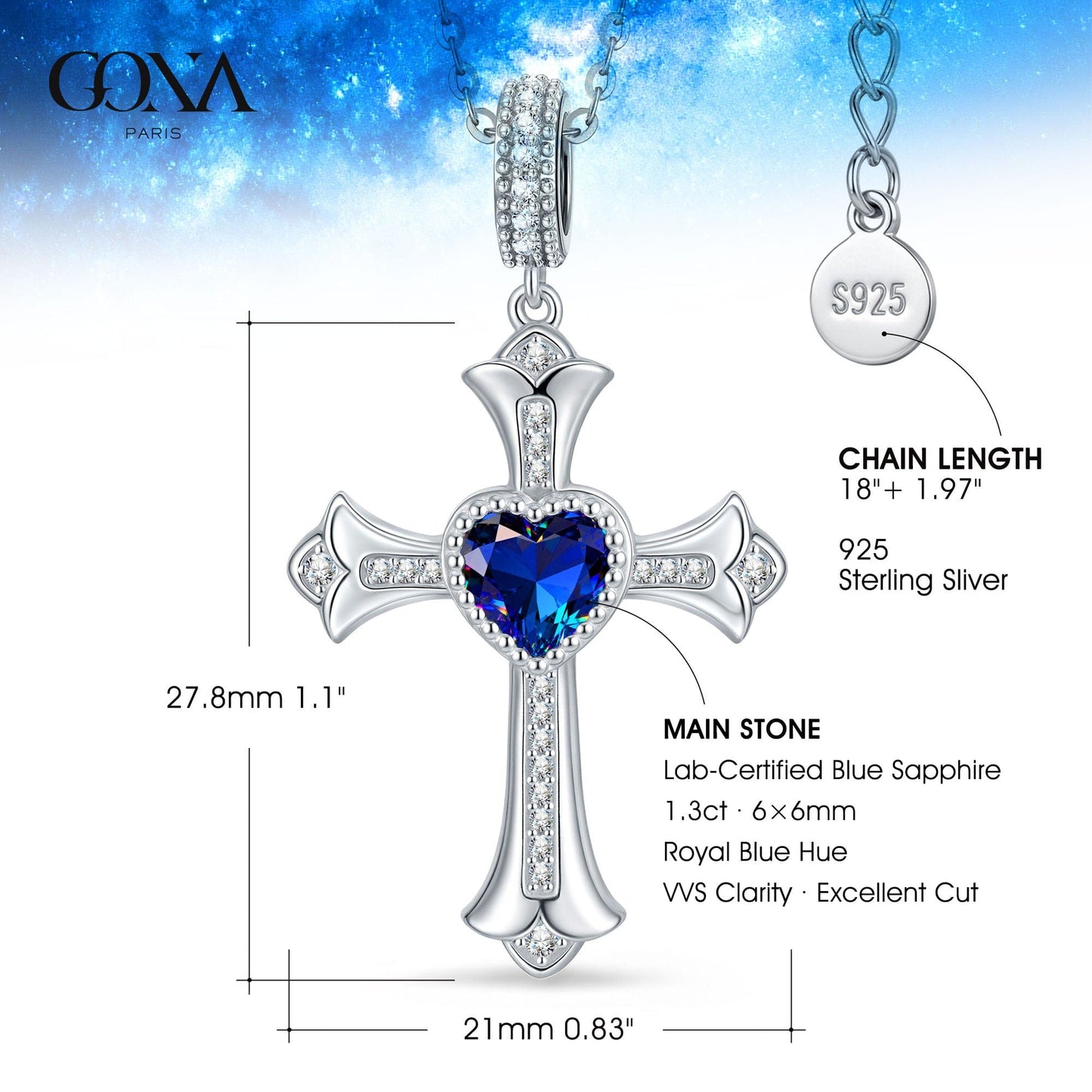 Sterling Silver Cross Necklace with Heart Shaped Sapphire In White Gold Plated (Includes GRC Certification from Gemstone Research Center)