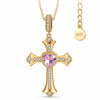 Sterling Silver Cross Necklace with Heart Shaped Pink Sapphire In 14K Gold Plated (Includes GRC Certification from Gemstone Research Center)