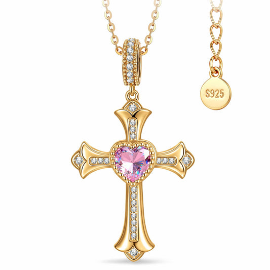 gona- Sterling Silver Cross Necklace with Heart Shaped Pink Sapphire In 14K Gold Plated (Includes GRC Certification from Gemstone Research Center)