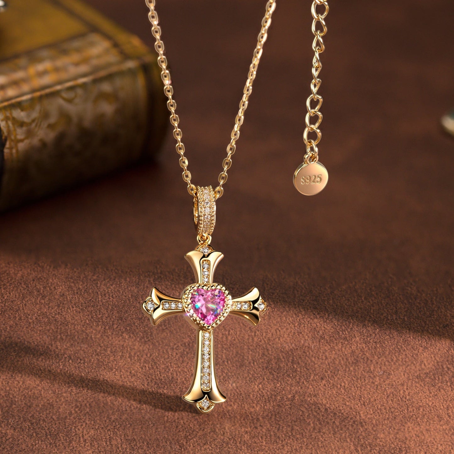 Sterling Silver Cross Necklace with Heart Shaped Pink Sapphire In 14K Gold Plated (Includes GRC Certification from Gemstone Research Center)