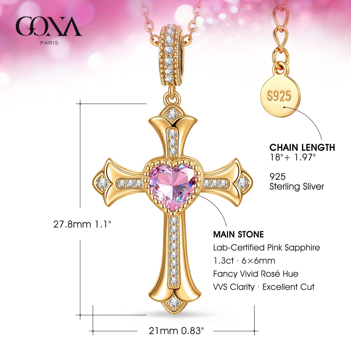 Sterling Silver Cross Necklace with Heart Shaped Pink Sapphire In 14K Gold Plated (Includes GRC Certification from Gemstone Research Center)