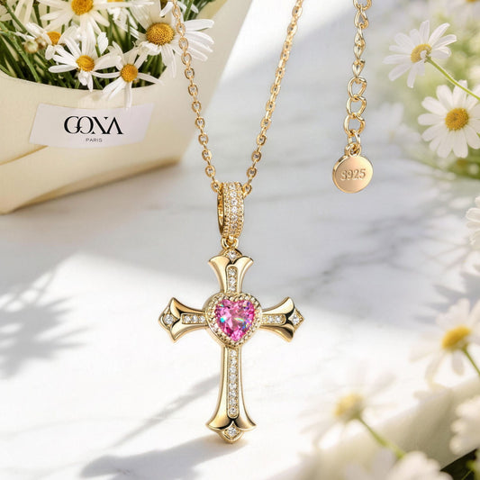 gona- Sterling Silver Cross Necklace with Heart Shaped Pink Sapphire In 14K Gold Plated (Includes GRC Certification from Gemstone Research Center)