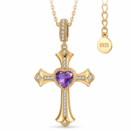 gona- Sterling Silver Cross Necklace with Heart Shaped Purple Sapphire In 14K Gold Plated (Includes GRC Certification from Gemstone Research Center)