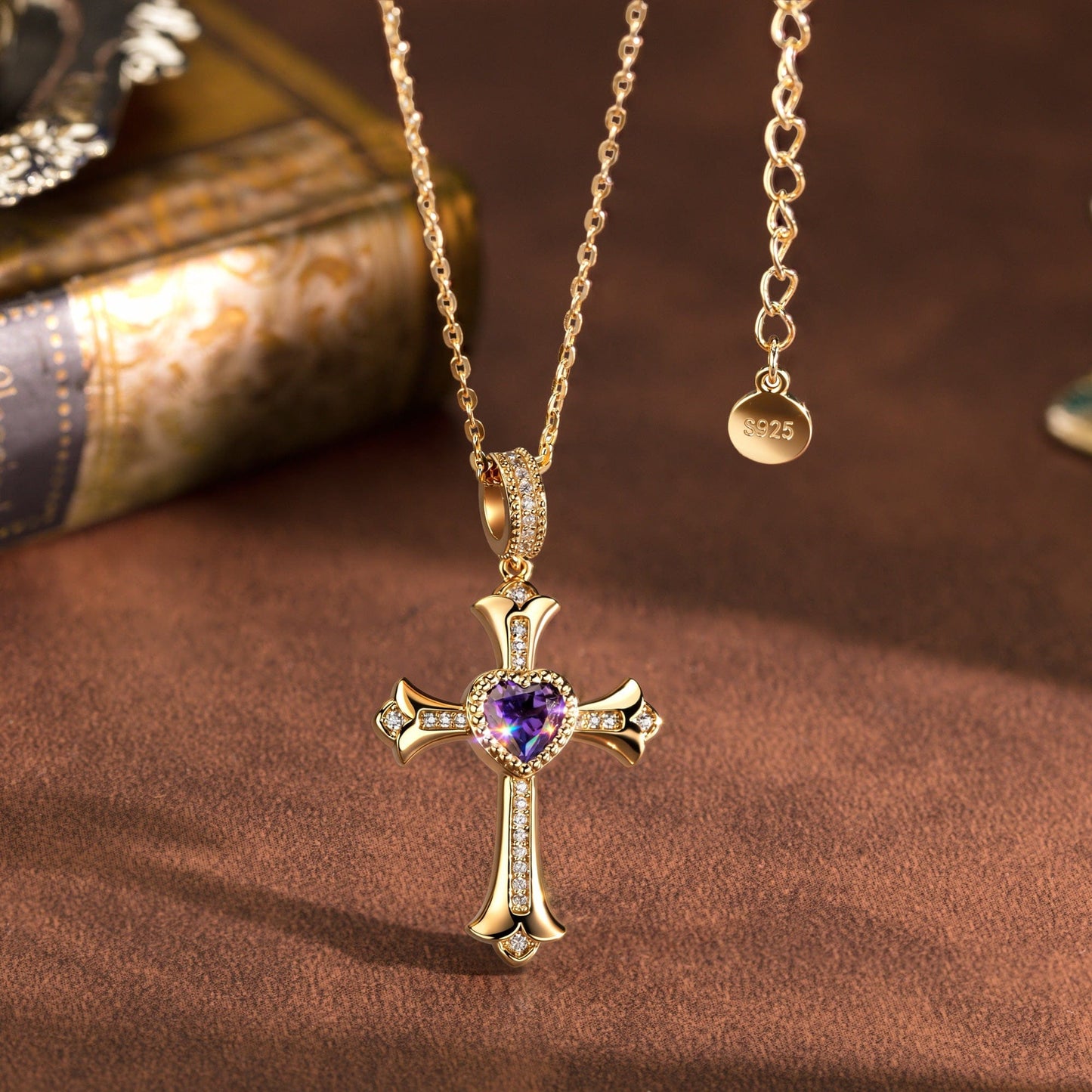 Sterling Silver Cross Necklace with Heart Shaped Purple Sapphire In 14K Gold Plated (Includes GRC Certification from Gemstone Research Center)