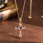 Sterling Silver Cross Necklace with Heart Shaped Purple Sapphire In 14K Gold Plated (Includes GRC Certification from Gemstone Research Center)