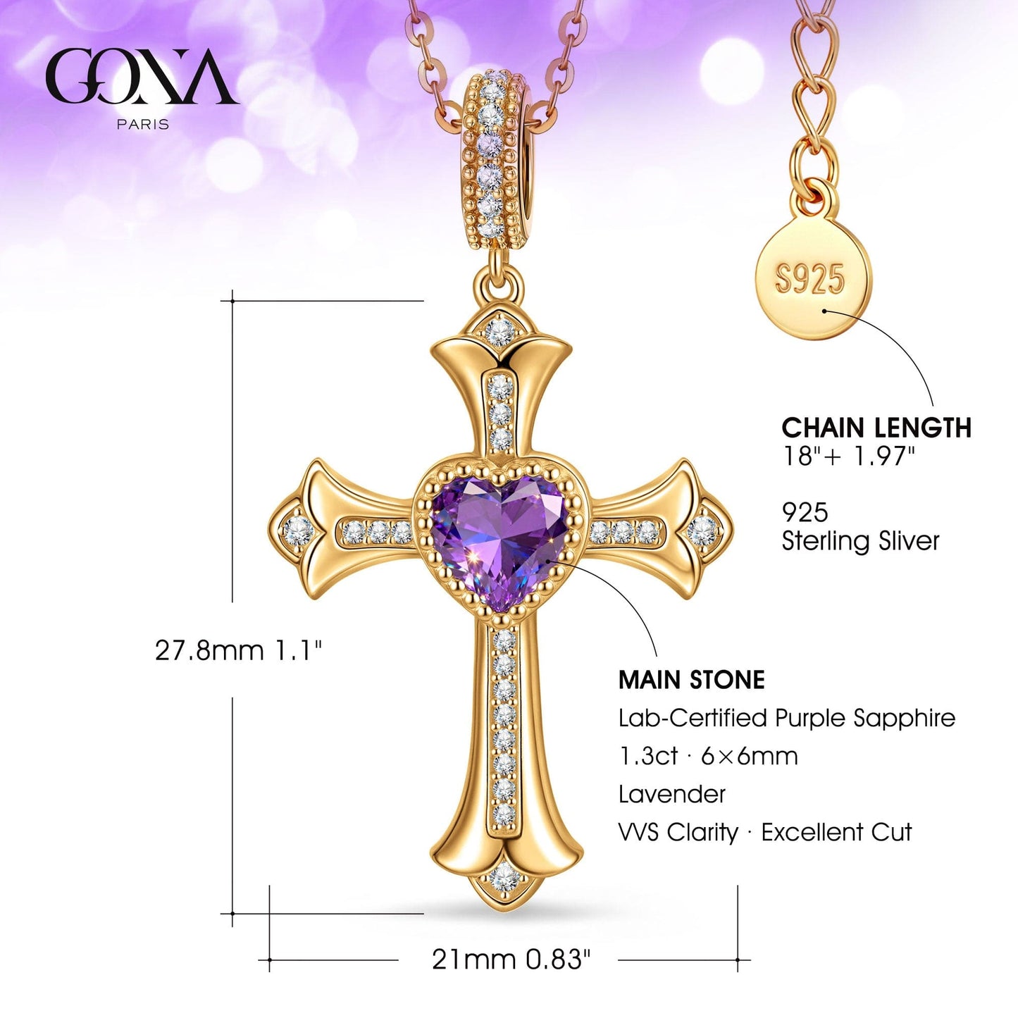 Sterling Silver Cross Necklace with Heart Shaped Purple Sapphire In 14K Gold Plated (Includes GRC Certification from Gemstone Research Center)