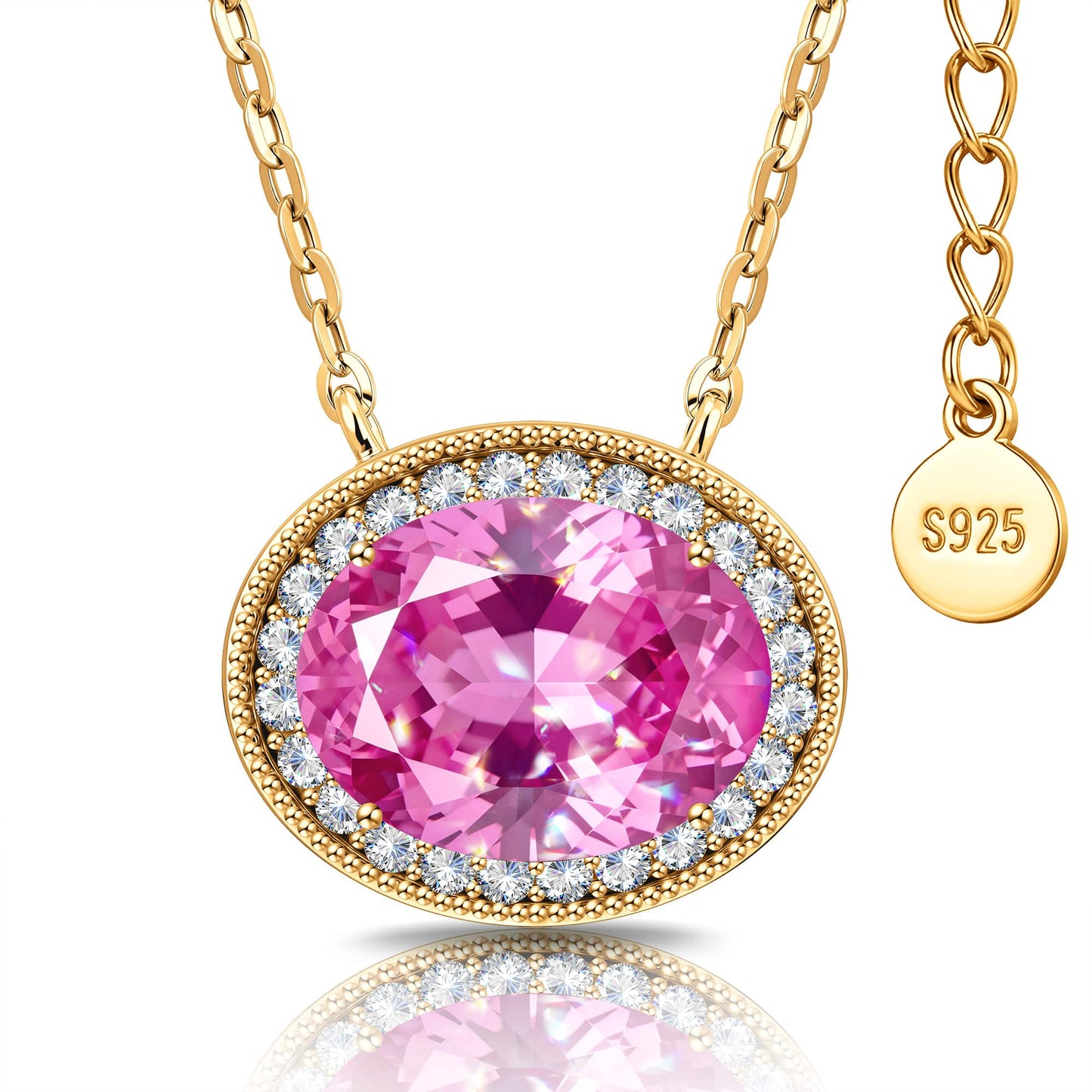 Sterling Silver 3.0 CTLab-Created Fancy Pink Sapphire Oval Pendant Necklace With 14K Gold Plating (Includes GRC Certification From Gemstone Research Center)