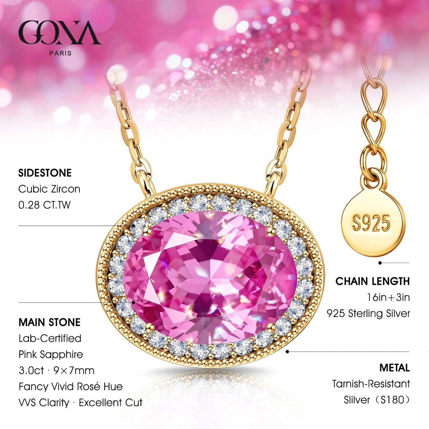 Sterling Silver 3.0 CTLab-Created Fancy Pink Sapphire Oval Pendant Necklace With 14K Gold Plating (Includes GRC Certification From Gemstone Research Center)