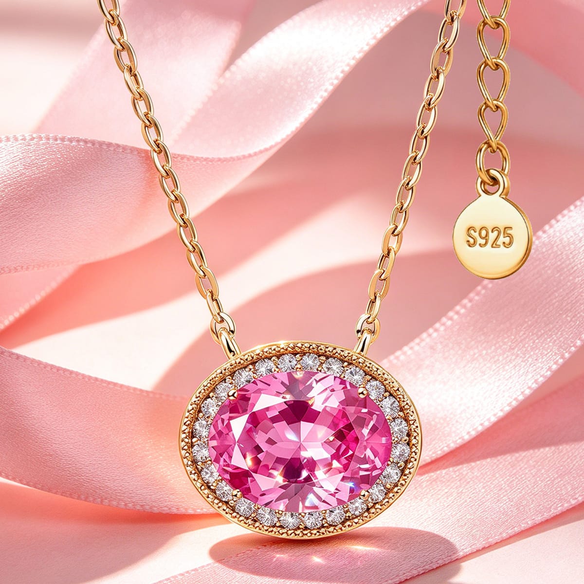 Sterling Silver 3.0 CTLab-Created Fancy Pink Sapphire Oval Pendant Necklace With 14K Gold Plating (Includes GRC Certification From Gemstone Research Center)