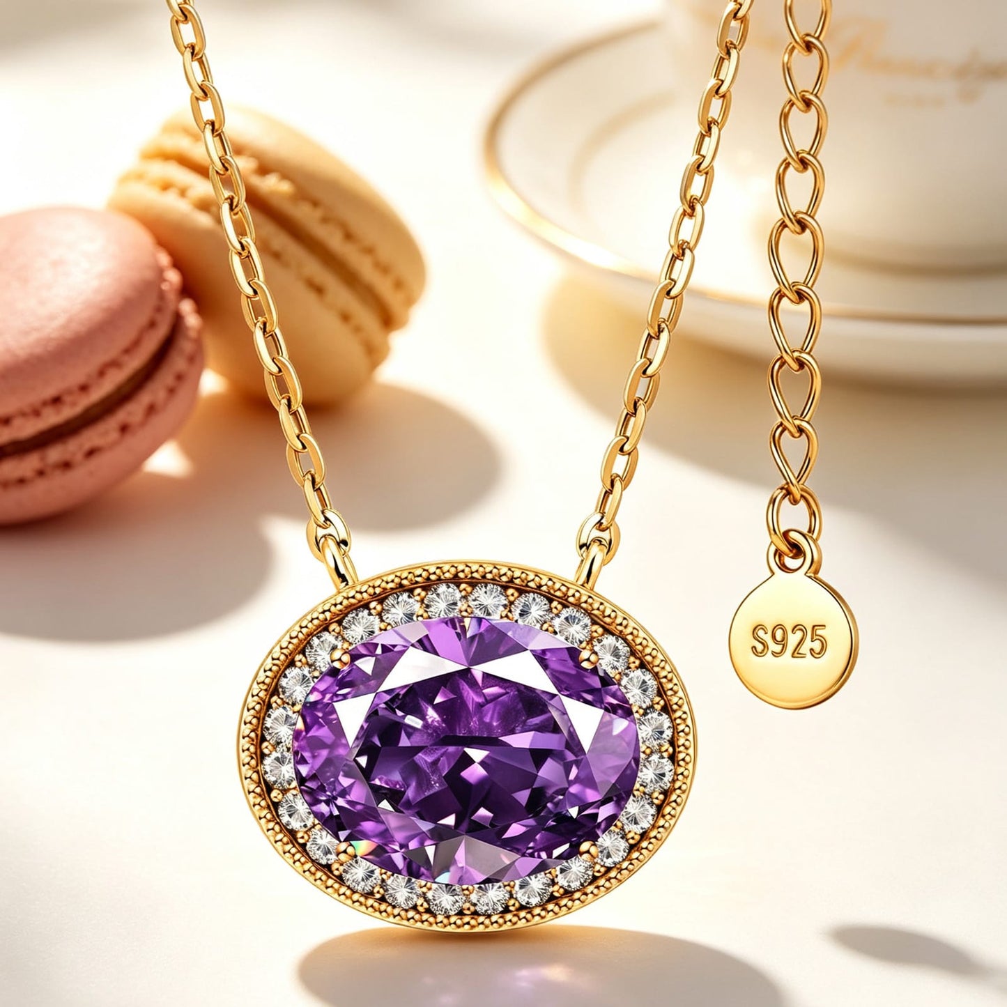 Sterling Silver 3.0 CT Lab-Created Purple Sapphire Oval Pendant Necklace With 14K Gold Plating (Includes GRC Certification From Gemstone Research Center)