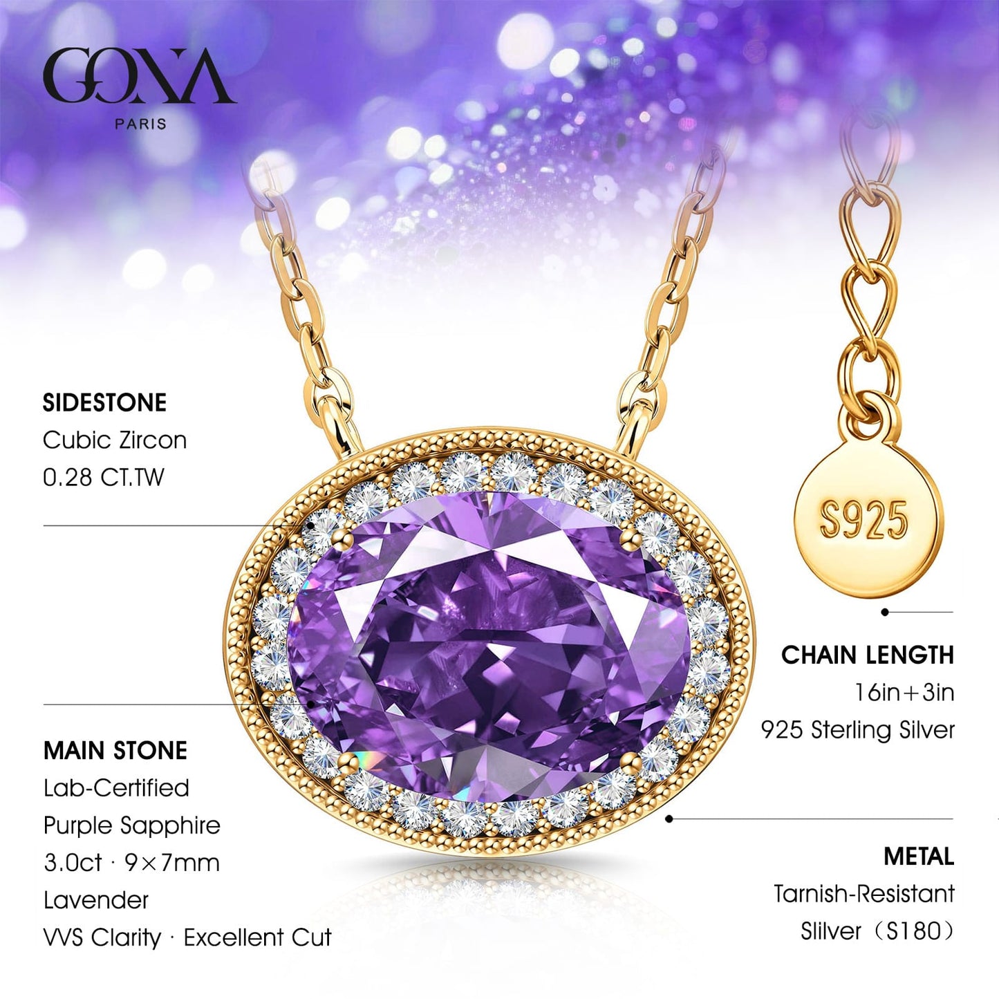 Sterling Silver 3.0 CT Lab-Created Purple Sapphire Oval Pendant Necklace With 14K Gold Plating (Includes GRC Certification From Gemstone Research Center)