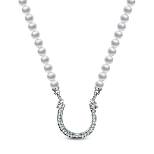 gon- Sterling Silver Horseshoe Pearl Necklace In White Gold Plated