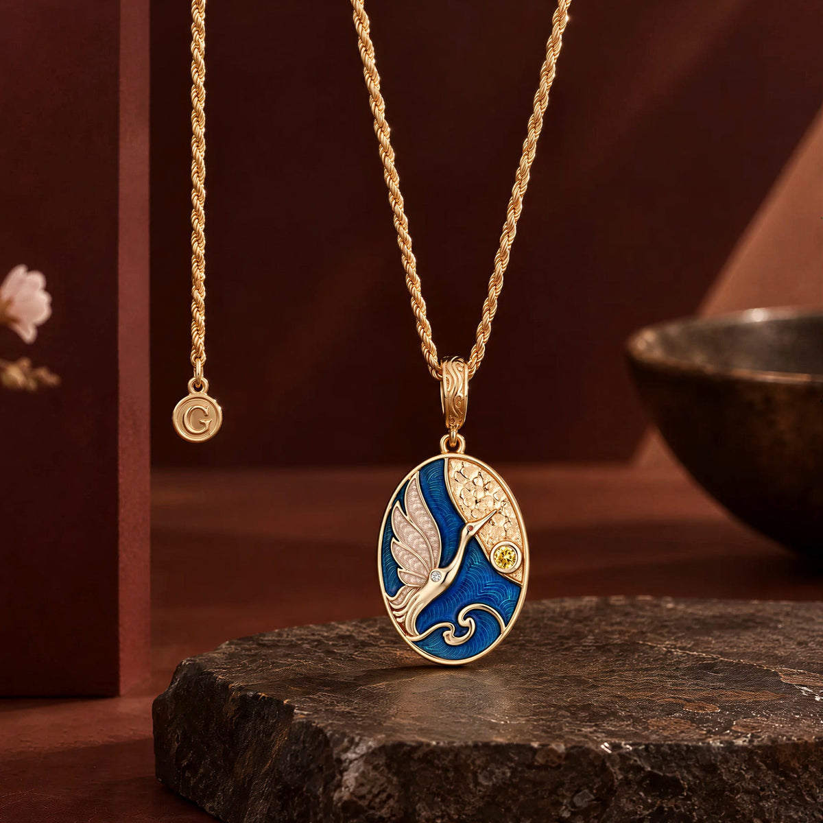 Sterling Silver (S925) JAPONICA REVERIE Cranes at First Light Enamel Charm Necklace Set With 14K Gold Plating