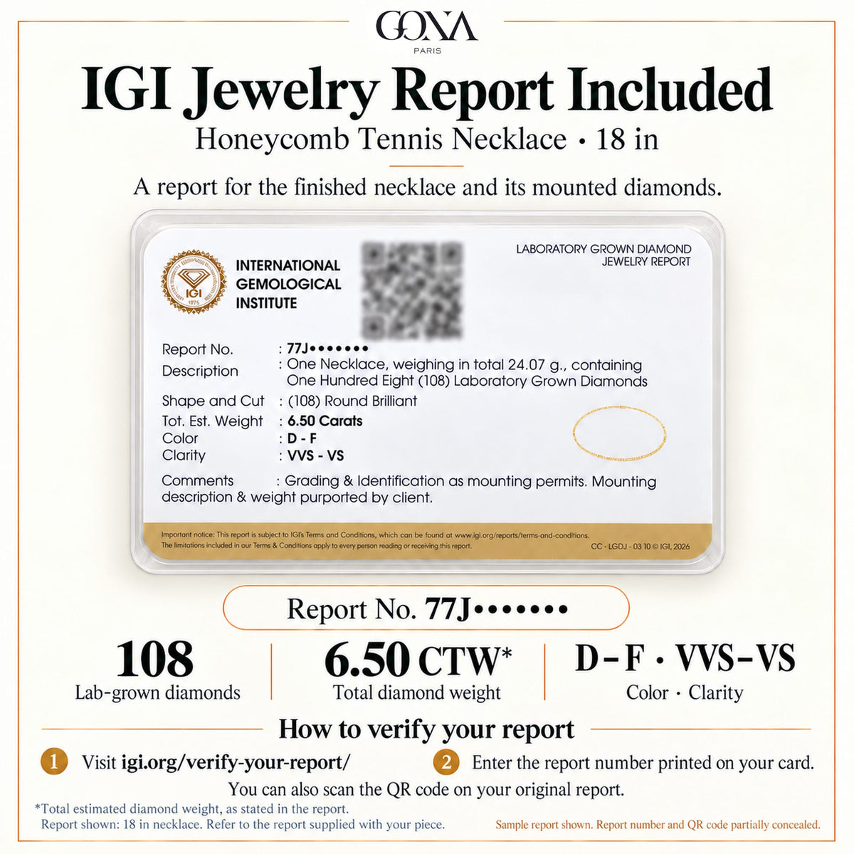 6.5 CTW Lab-Grown Diamond Honeycomb Tennis Necklace In Tarnish-Resistant Silver (S180), 18 in / 45.72 cm (Includes IGI Certification from International Gemological Institute)