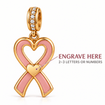 Pink Ribbon Hope Engravable Heart Dangle Charm In 14K Gold Plated