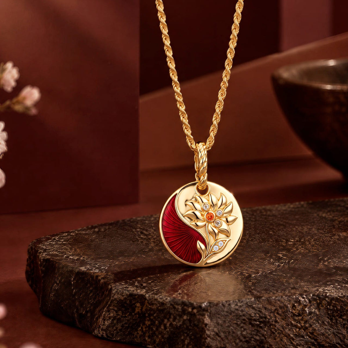Sterling Silver (S925) JAPONICA REVERIE “Bloom Again” Floral Enamel Charm Necklace Set With 14K Gold Plating