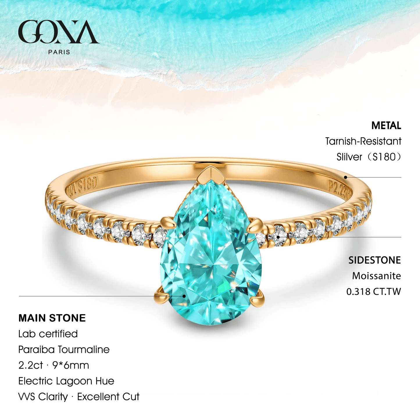Pear Brilliant Cut Electric Lagoon Hue Lab-Certified Paraiba Tourmaline - Pave Classic Engagement Ring 14K Yellow Gold Plated (Includes GRC Certification from Gemstone Research Center)