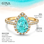 Pear Brilliant Cut Electric Lagoon Hue Lab-Certified Paraiba Tourmaline - Halo Classic Engagement Ring 14K Yellow Gold Plated (Includes GRC Certification from Gemstone Research Center)