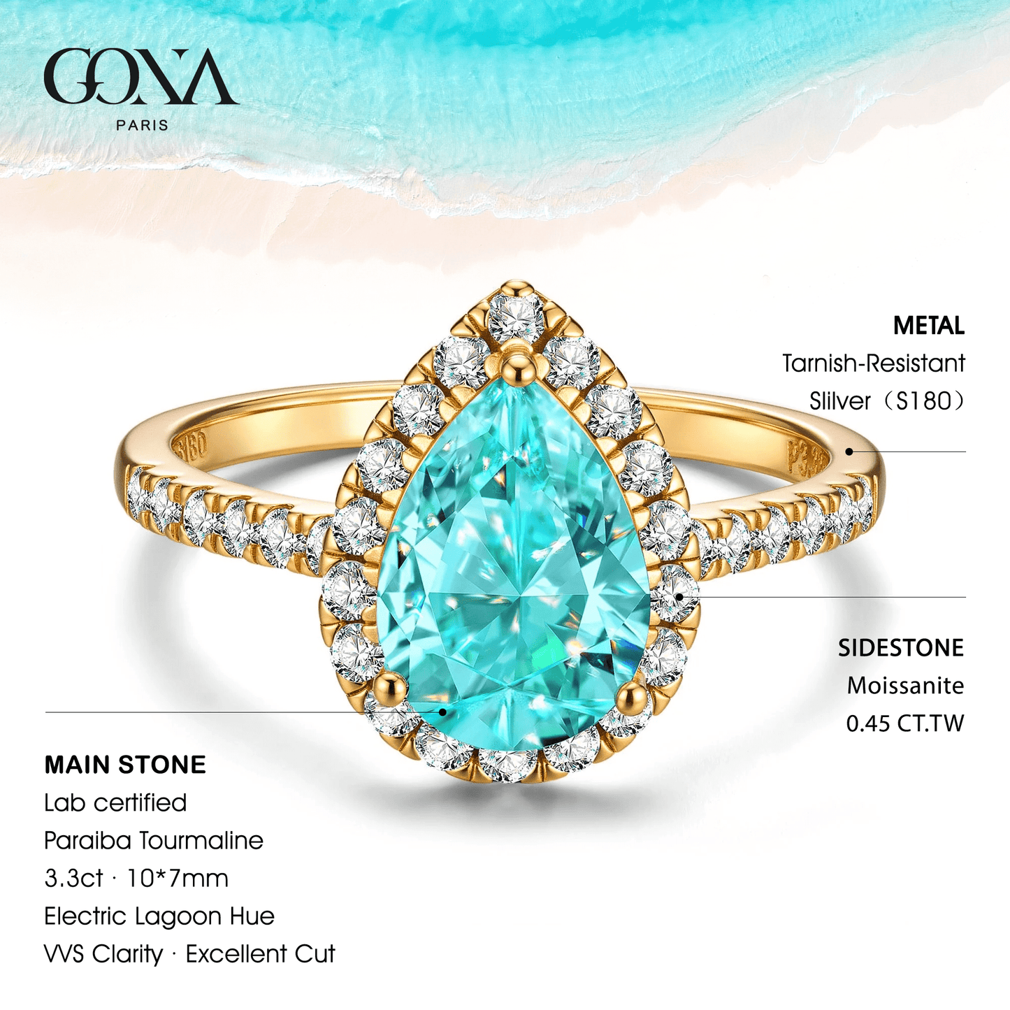 Pear Brilliant Cut Electric Lagoon Hue Lab-Certified Paraiba Tourmaline - Halo Classic Engagement Ring 14K Yellow Gold Plated (Includes GRC Certification from Gemstone Research Center)