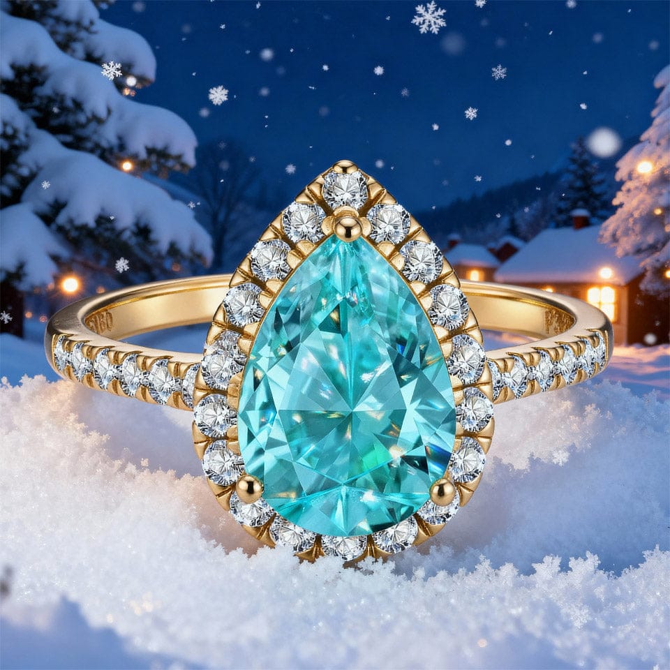 Pear Brilliant Cut Electric Lagoon Hue Lab-Certified Paraiba Tourmaline - Halo Classic Engagement Ring 14K Yellow Gold Plated (Includes GRC Certification from Gemstone Research Center)