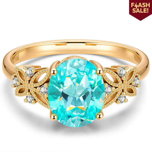 gona- Lab-Grown Oval Brilliant Cut Paraiba - Pave Classic Engagement Ring 14K Yellow Gold Plated (Includes GRC Certification from Gemstone Research Center)