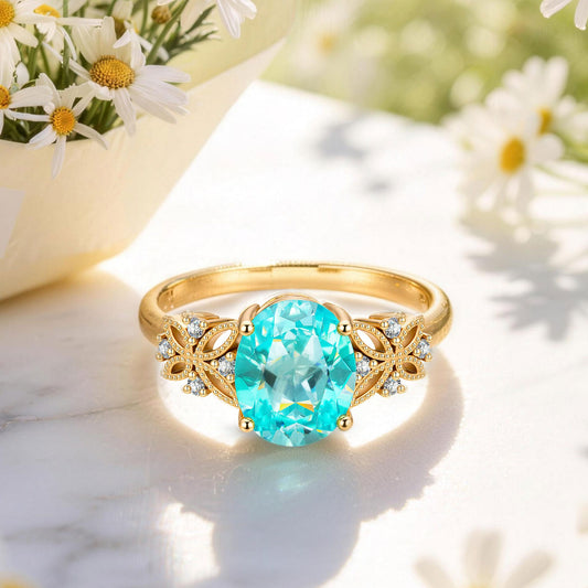 gon- Oval Brilliant Cut Electric Lagoon Hue Lab-Certified Paraiba Tourmaline - Pave Classic Engagement Ring 14K Yellow Gold Plated (Includes GRC Certification from Gemstone Research Center)
