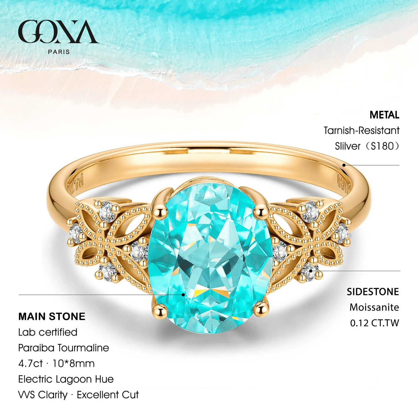 Oval Brilliant Cut Electric Lagoon Hue Lab-Certified Paraiba Tourmaline - Pave Classic Engagement Ring 14K Yellow Gold Plated (Includes GRC Certification from Gemstone Research Center)