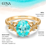 Oval Brilliant Cut Electric Lagoon Hue Lab-Certified Paraiba Tourmaline - Pave Classic Engagement Ring 14K Yellow Gold Plated (Includes GRC Certification from Gemstone Research Center)