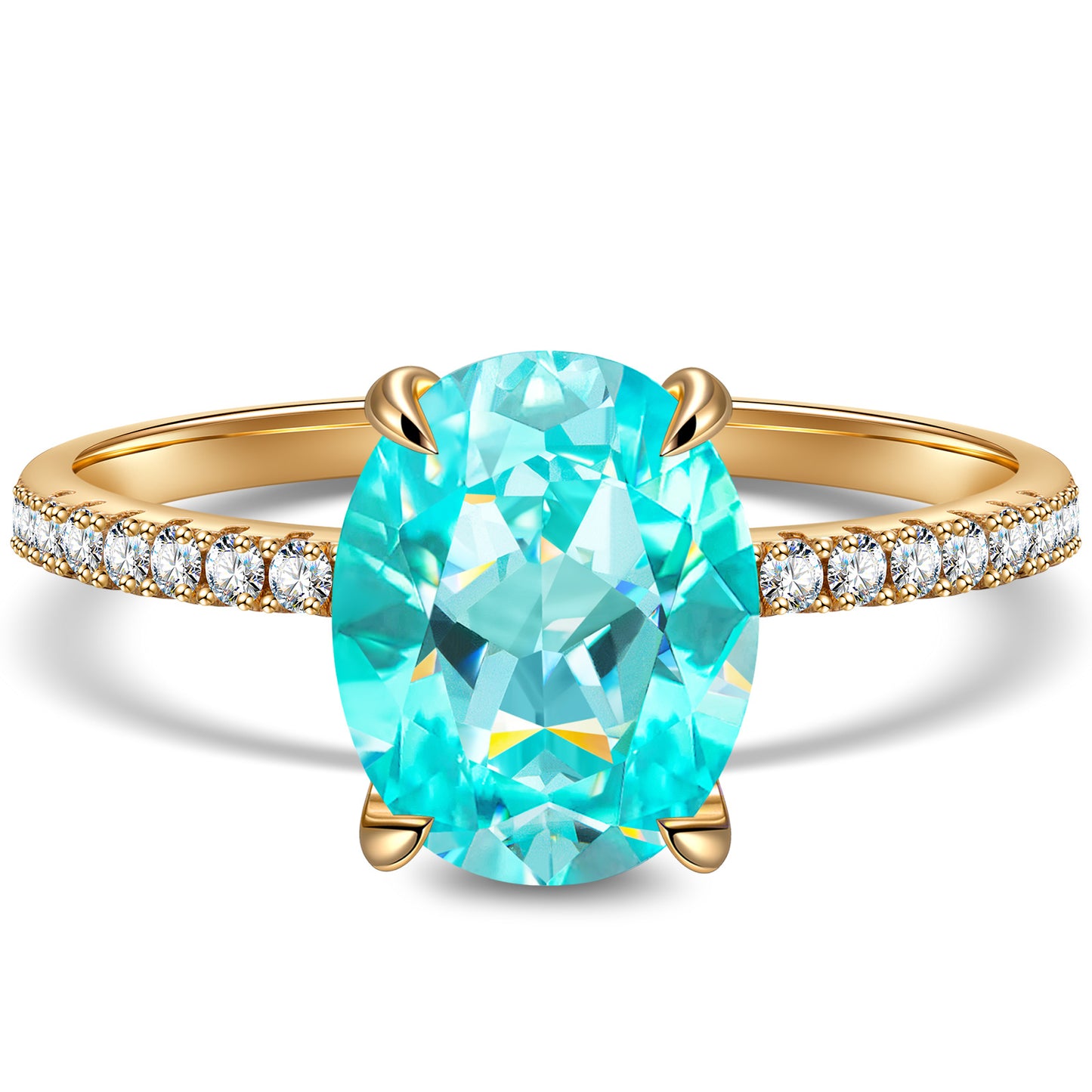 Lab-Grown Oval Brilliant Cut Paraiba - Pave Classic Engagement Ring 14K Yellow Gold Plated (Includes GRC Certification from International Gemological Institute)