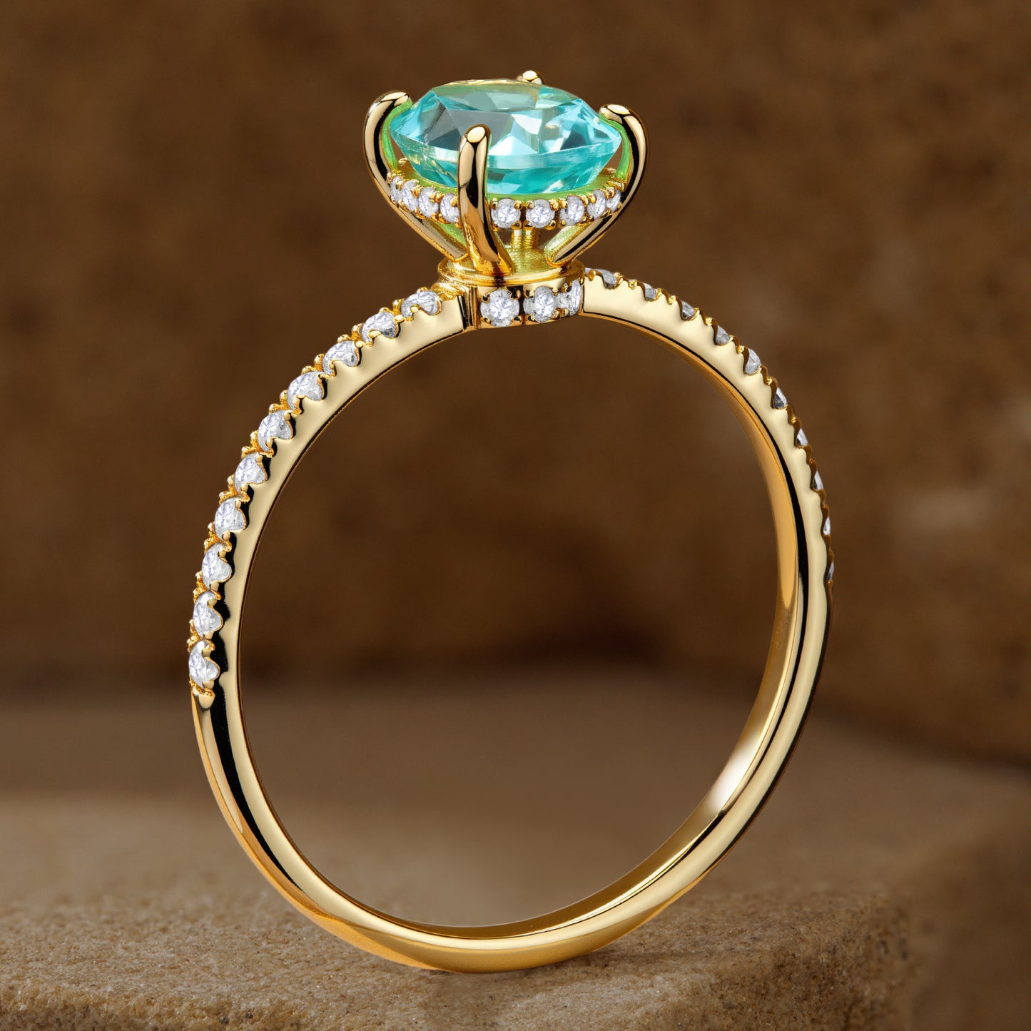 Lab-Grown Oval Brilliant Cut Paraiba - Pave Classic Engagement Ring 14K Yellow Gold Plated (Includes GRC Certification from International Gemological Institute)