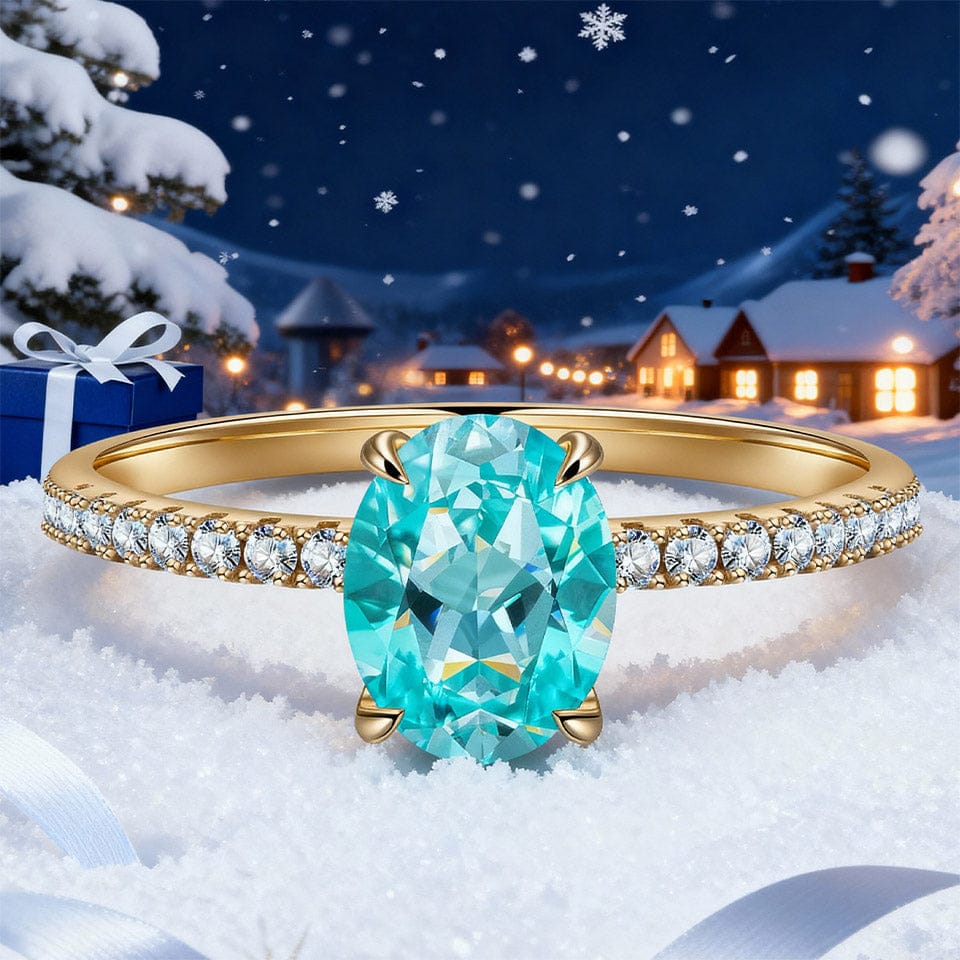 Oval Brilliant Cut Electric Lagoon Hue Lab-Certified Paraiba Tourmaline - Pave Classic Engagement Ring 14K Yellow Gold Plated (Includes GRC Certification from Gemstone Research Center)