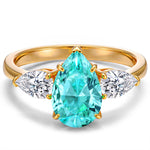 Lab-Grown Pear Brilliant Cut Paraiba - Three Stone Classic Engagement Ring 14K Yellow Gold Plated (Includes GRC Certification from International Gemological Institute)