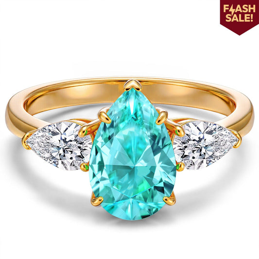 gona- Lab-Grown Pear Brilliant Cut Paraiba - Three Stone Classic Engagement Ring 14K Yellow Gold Plated (Includes GRC Certification from Gemstone Research Center)