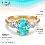 Pear Brilliant Cut Electric Lagoon Hue Lab-Certified Paraiba Tourmaline - Three Stone Classic Engagement Ring 14K Yellow Gold Plated (Includes GRC Certification from Gemstone Research Center)