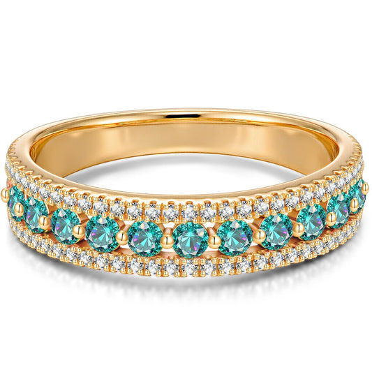 gona- Round Brilliant Cut Electric Lagoon Hue Lab-Certified Paraiba Tourmaline - Half Eternity Ring 14K Yellow Gold Plated (Includes GRC Certification from Gemstone Research Center)